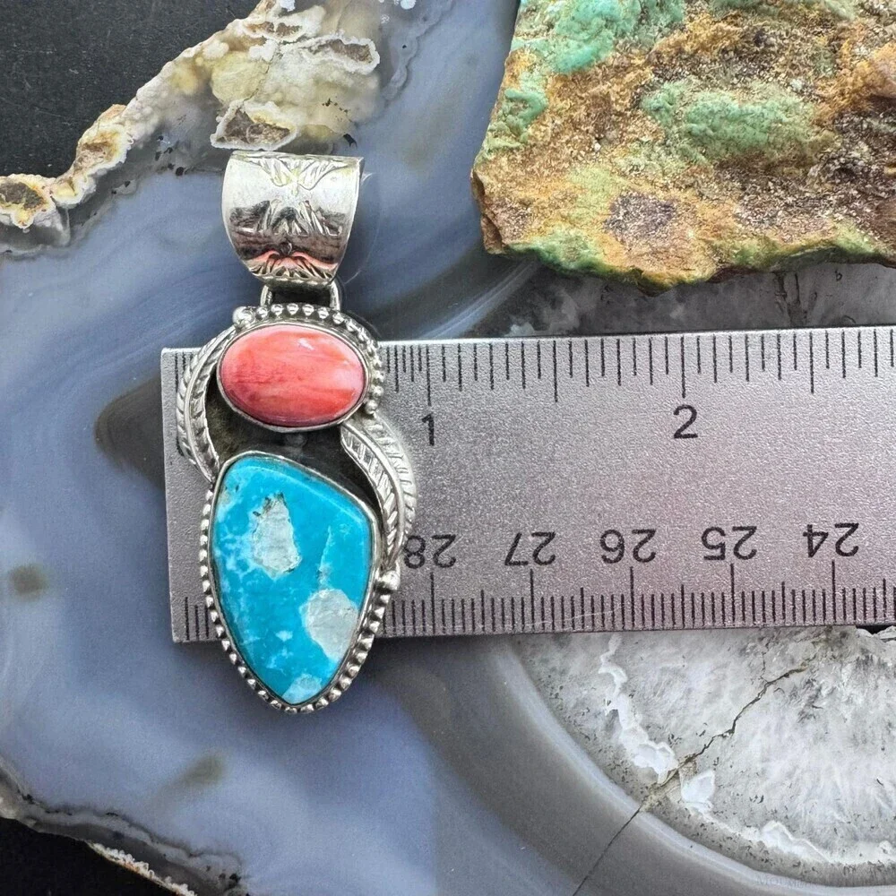 Native American Sterling Oval Orange Spiny Oyster W/Triangular Turquoise Pendant